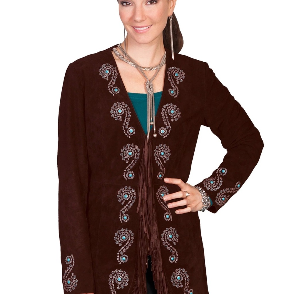 Scully Leather Womens Fringe Silver Embroidered Boar Suede Jacket Expresso